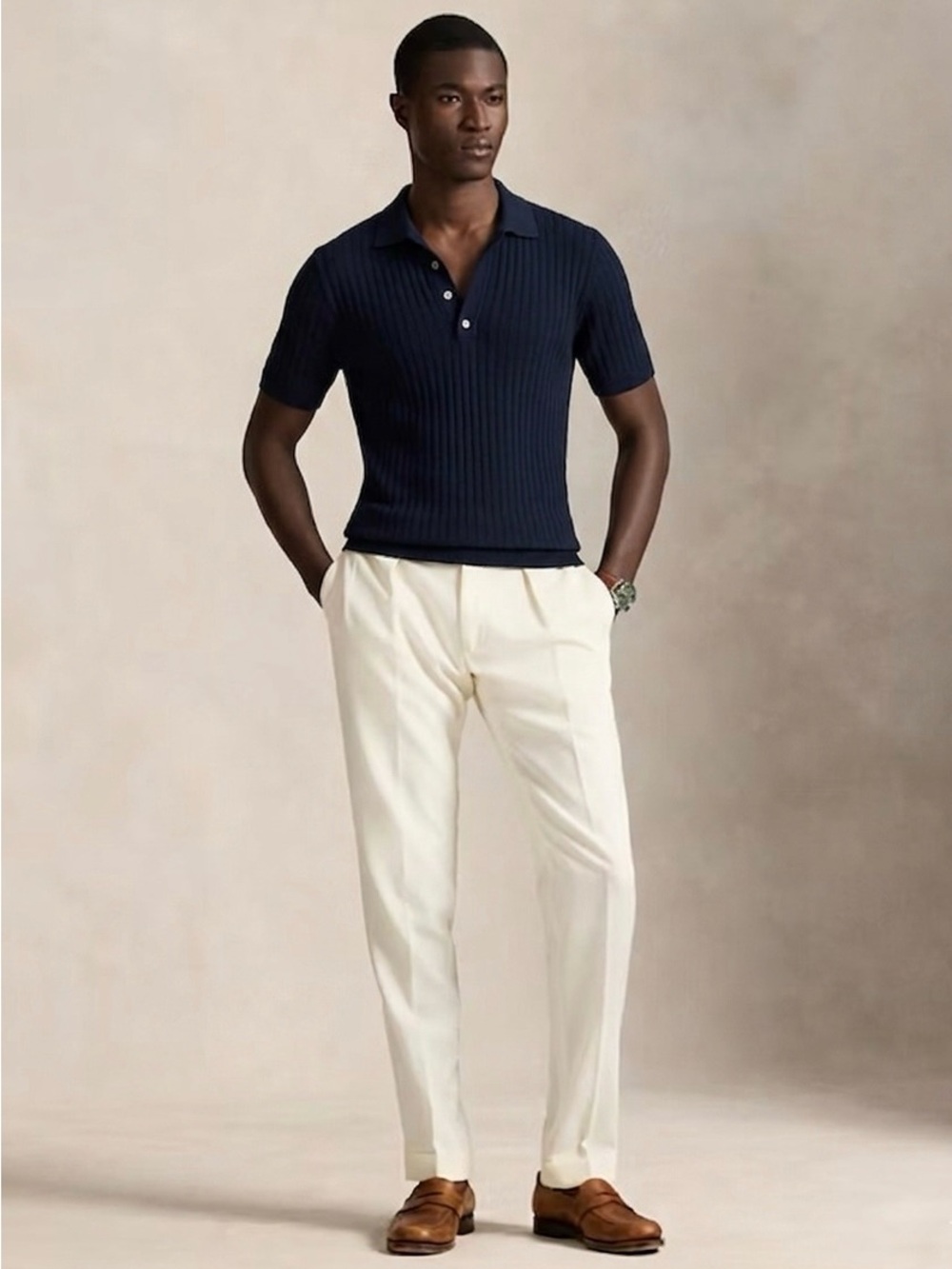 Massimo Dutti Navy Ribbed Short-Sleeve Polo